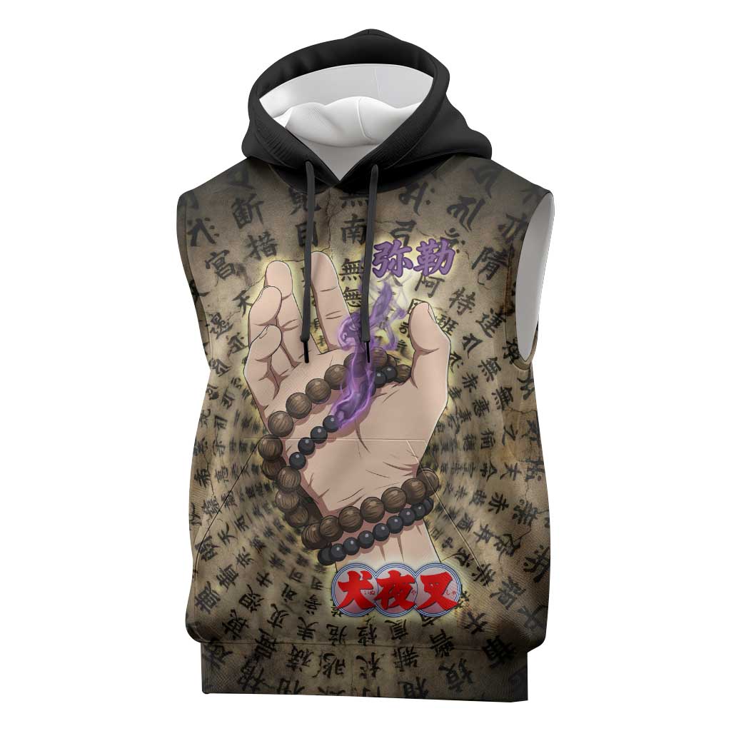 Miroku Inuyasha Series Sleeveless Hoodie Cursed Monk Aesthetic with Sutra Script Background