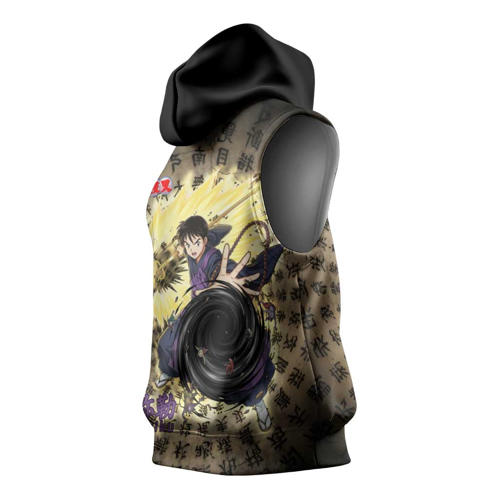 Miroku Inuyasha Series Sleeveless Hoodie Cursed Monk Aesthetic with Sutra Script Background