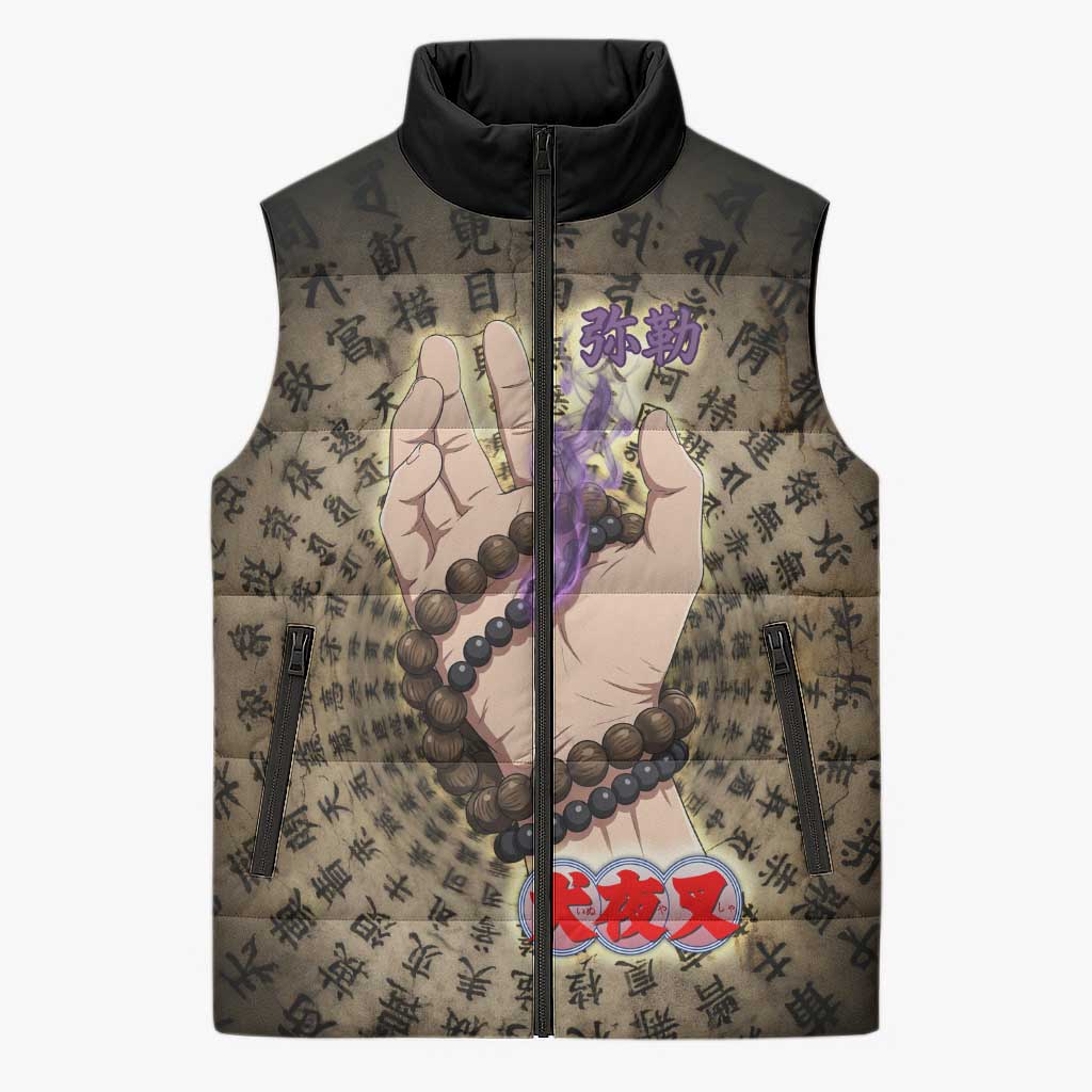 Miroku Inuyasha Series Sleeveless Puffer Jacket Cursed Monk Aesthetic with Sutra Script Background