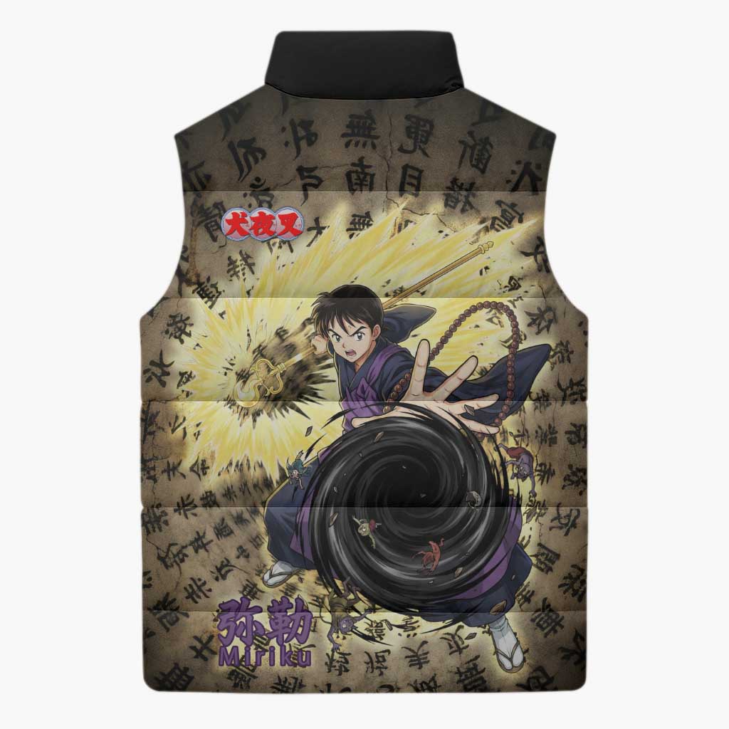 Miroku Inuyasha Series Sleeveless Puffer Jacket Cursed Monk Aesthetic with Sutra Script Background