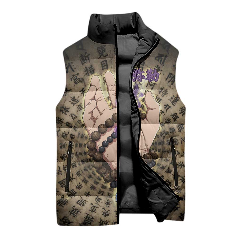 Miroku Inuyasha Series Sleeveless Puffer Jacket Cursed Monk Aesthetic with Sutra Script Background
