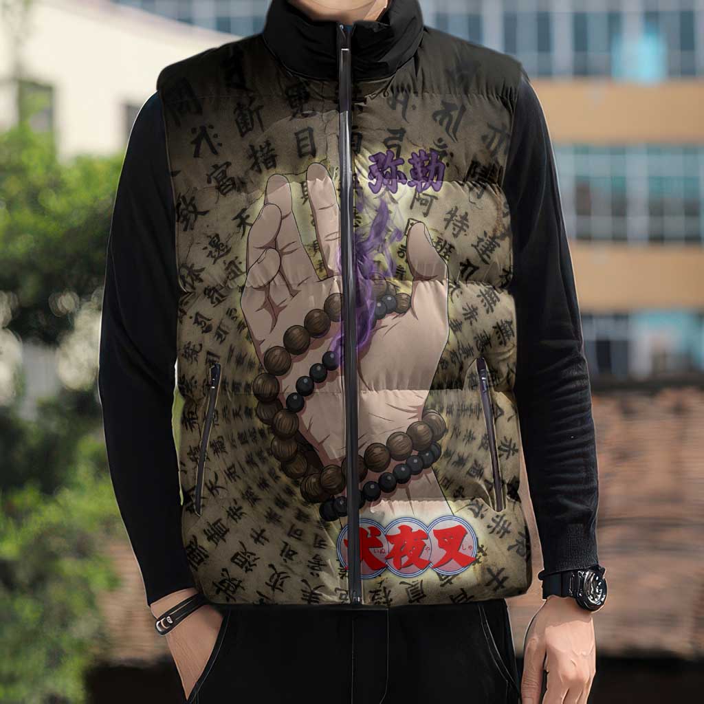 Miroku Inuyasha Series Sleeveless Puffer Jacket Cursed Monk Aesthetic with Sutra Script Background