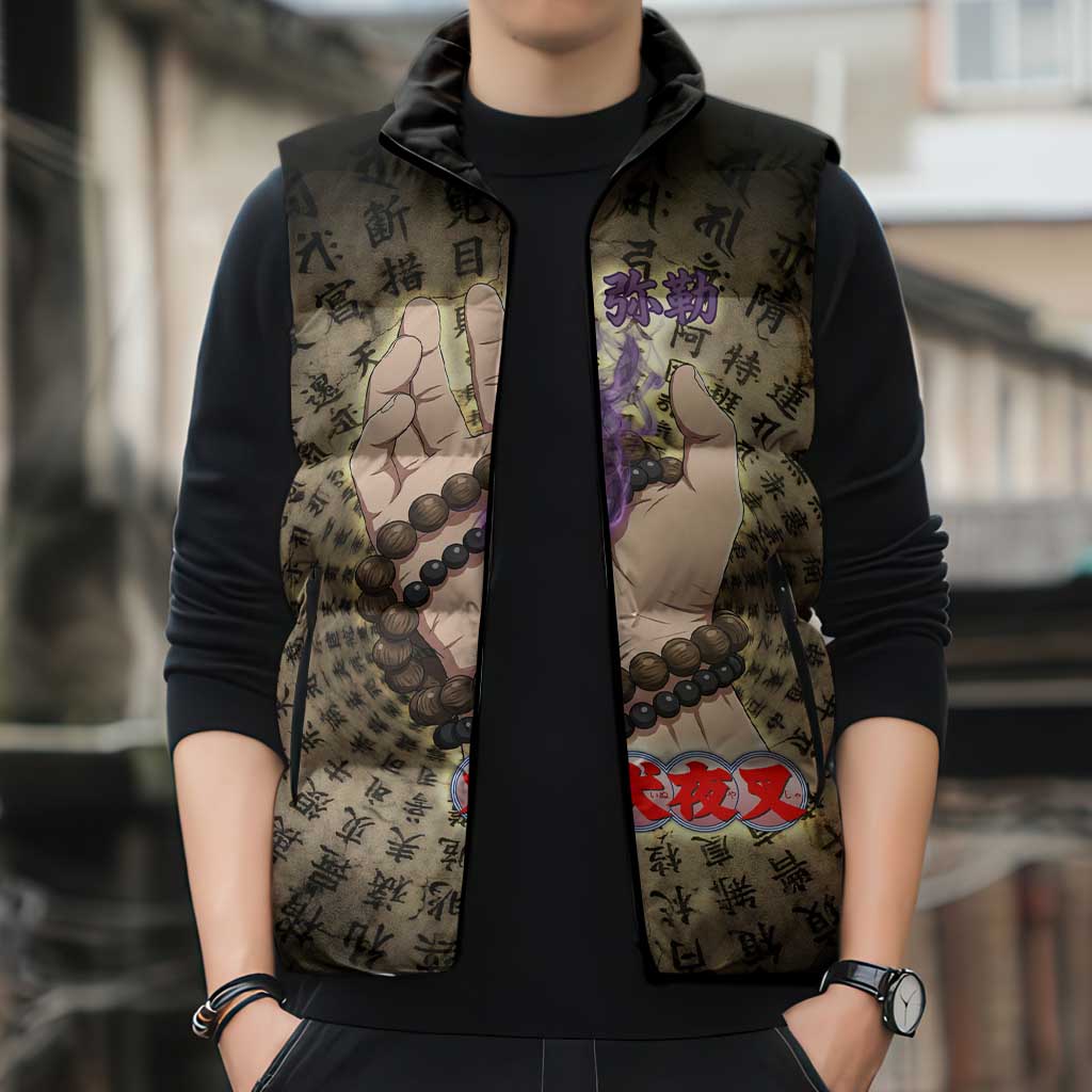 Miroku Inuyasha Series Sleeveless Puffer Jacket Cursed Monk Aesthetic with Sutra Script Background