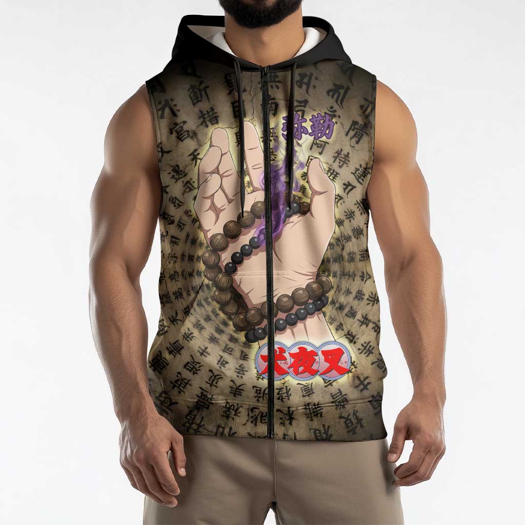Miroku Inuyasha Series Sleeveless Zip Hoodie Cursed Monk Aesthetic with Sutra Script Background