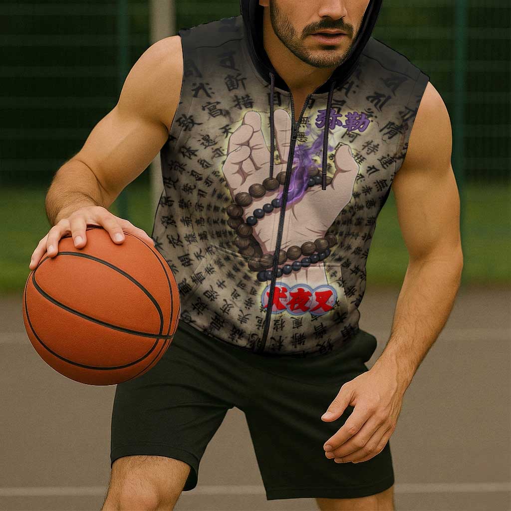 Miroku Inuyasha Series Sleeveless Zip Hoodie Cursed Monk Aesthetic with Sutra Script Background