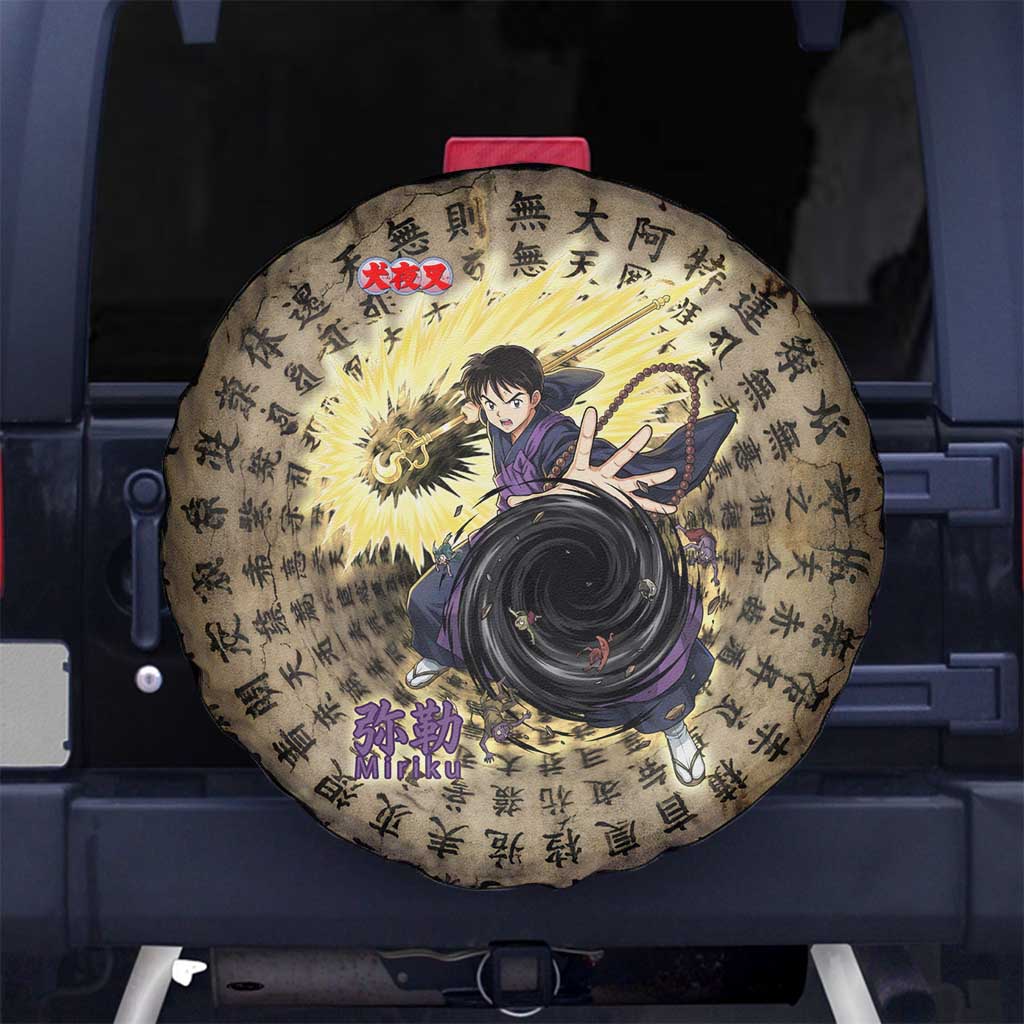 Miroku Inuyasha Series Spare Tire Cover Cursed Monk Aesthetic with Sutra Script Background