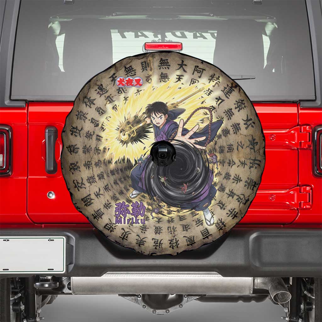 Miroku Inuyasha Series Spare Tire Cover Cursed Monk Aesthetic with Sutra Script Background