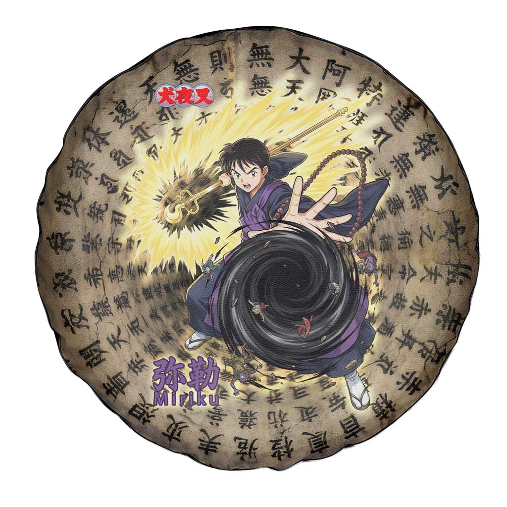 Miroku Inuyasha Series Spare Tire Cover Cursed Monk Aesthetic with Sutra Script Background