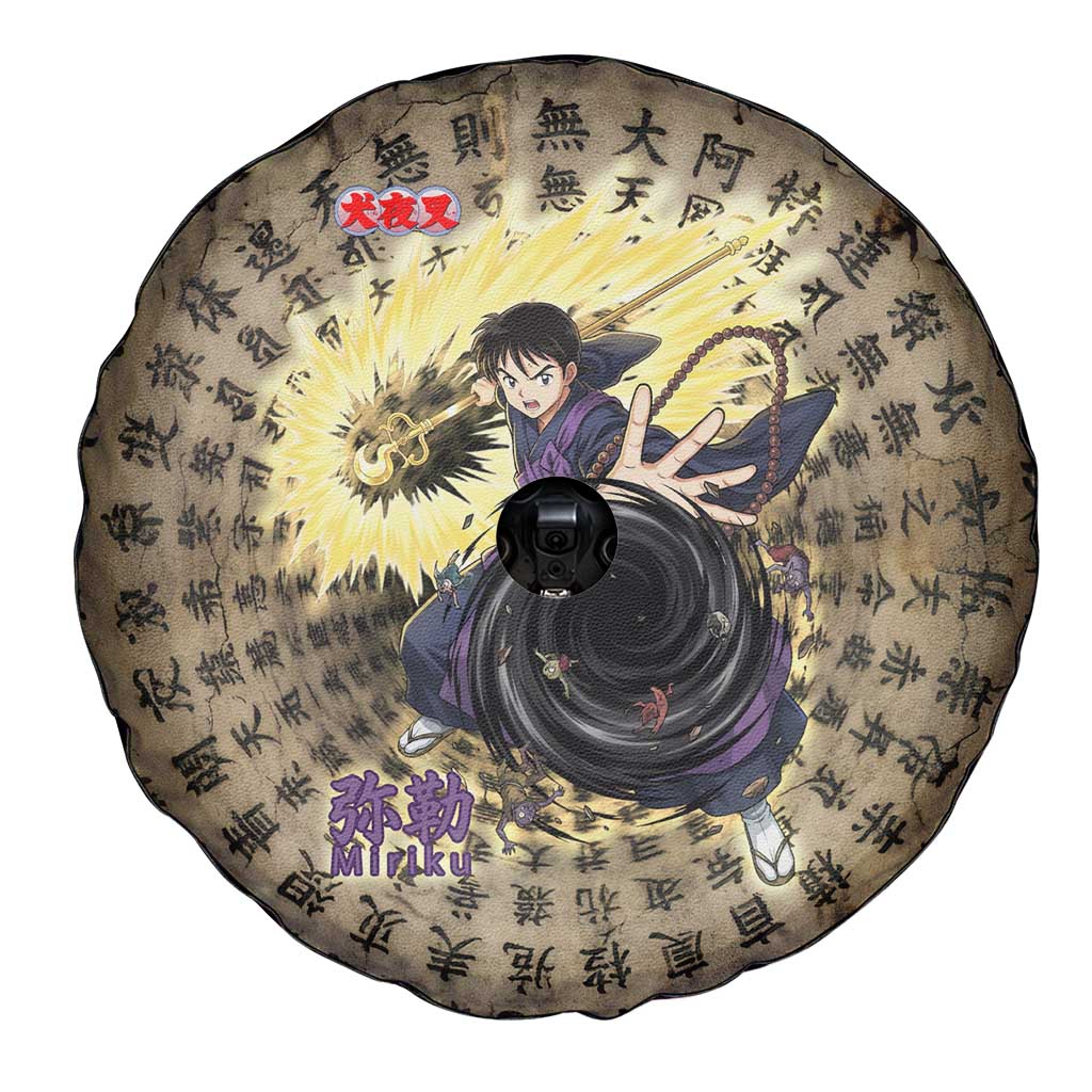 Miroku Inuyasha Series Spare Tire Cover Cursed Monk Aesthetic with Sutra Script Background