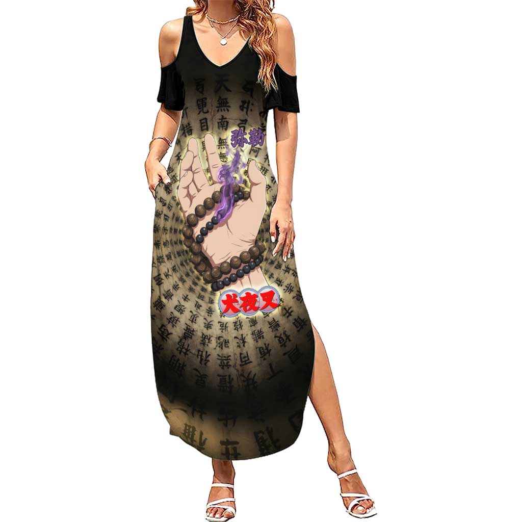 Miroku Inuyasha Series Summer Maxi Dress Cursed Monk Aesthetic with Sutra Script Background