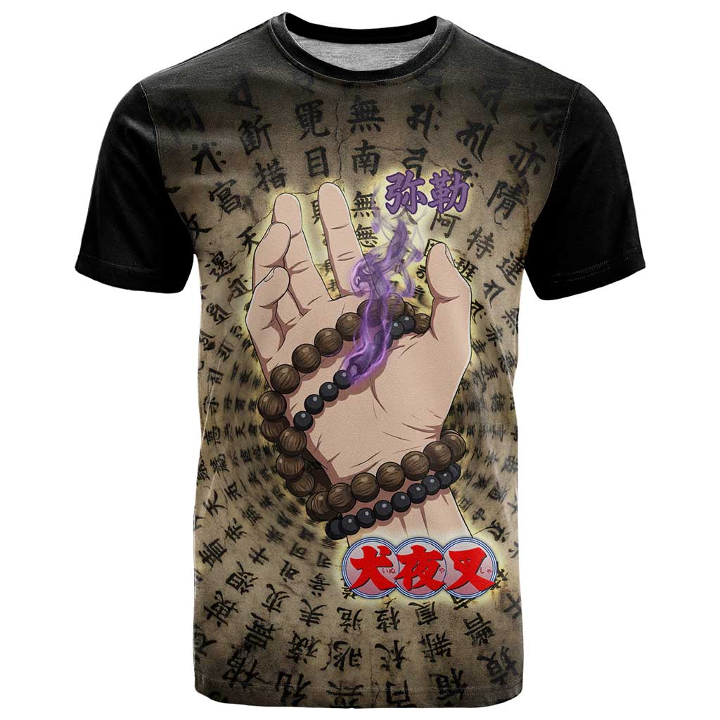 Miroku Inuyasha Series T Shirt Cursed Monk Aesthetic with Sutra Script Background