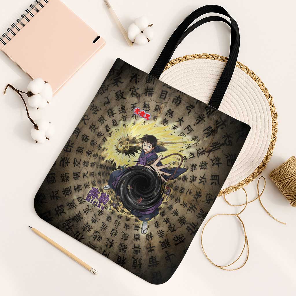 Miroku Inuyasha Series Tote Bag Cursed Monk Aesthetic with Sutra Script Background