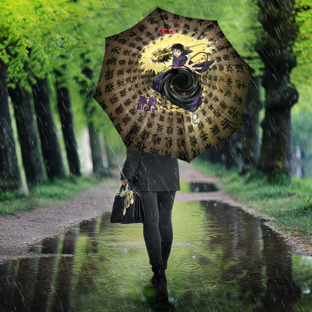 Miroku Inuyasha Series Umbrella Cursed Monk Aesthetic with Sutra Script Background
