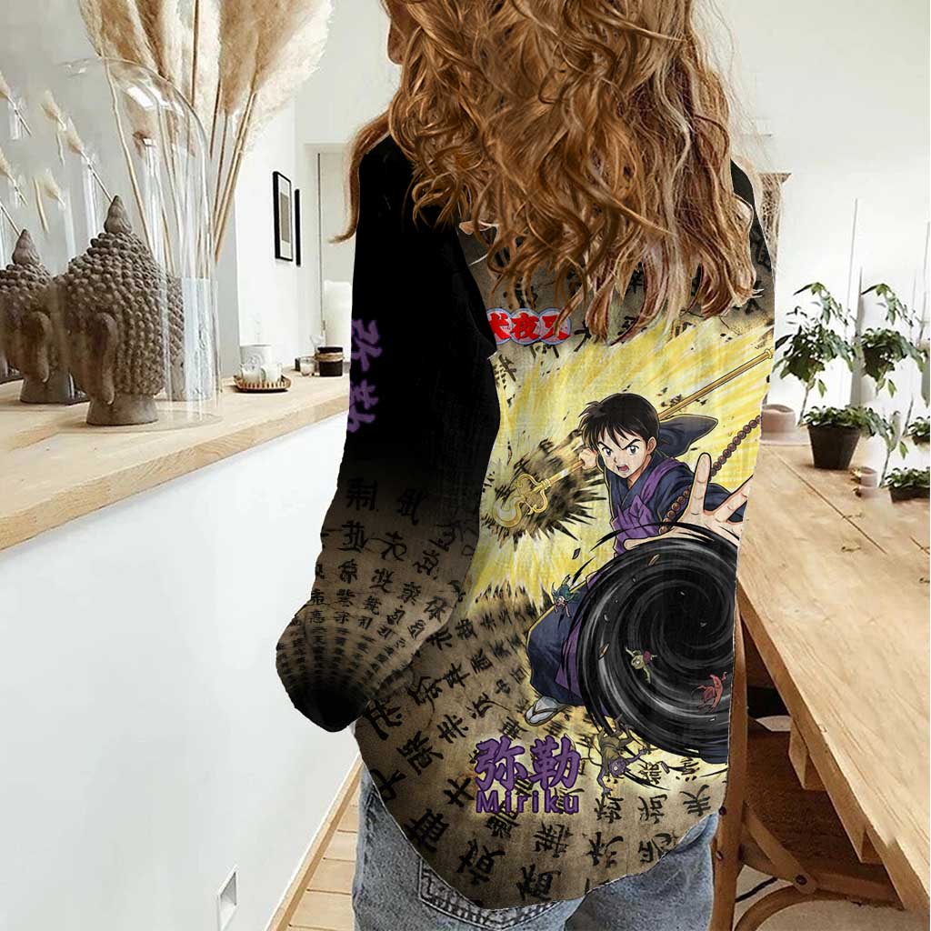 Miroku Inuyasha Series Women Casual Shirt Cursed Monk Aesthetic with Sutra Script Background