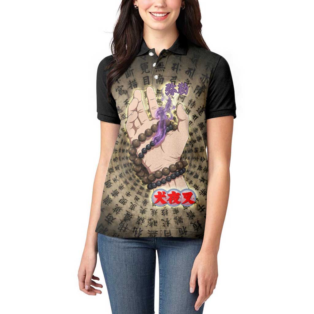 Miroku Inuyasha Series Women Polo Shirt Cursed Monk Aesthetic with Sutra Script Background
