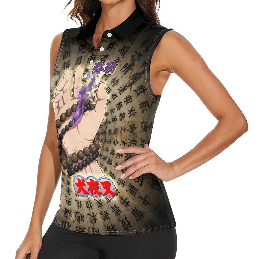 Miroku Inuyasha Series Women Sleeveless Polo Shirt Cursed Monk Aesthetic with Sutra Script Background