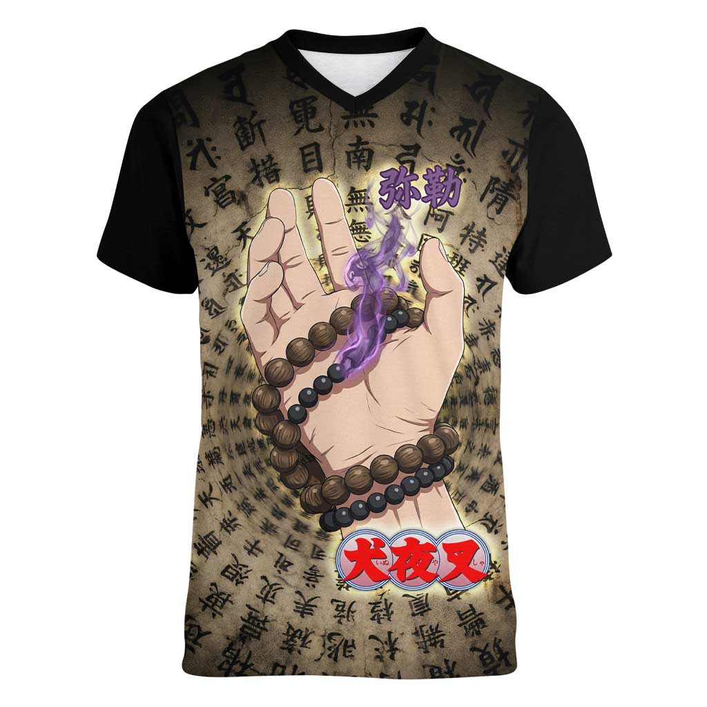 Miroku Inuyasha Series Women V-Neck T-Shirt Cursed Monk Aesthetic with Sutra Script Background