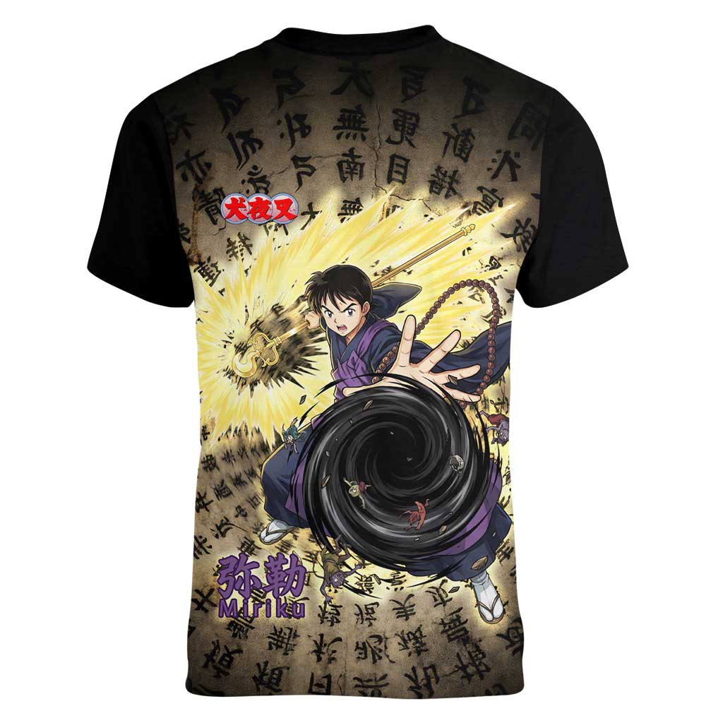 Miroku Inuyasha Series Women V-Neck T-Shirt Cursed Monk Aesthetic with Sutra Script Background