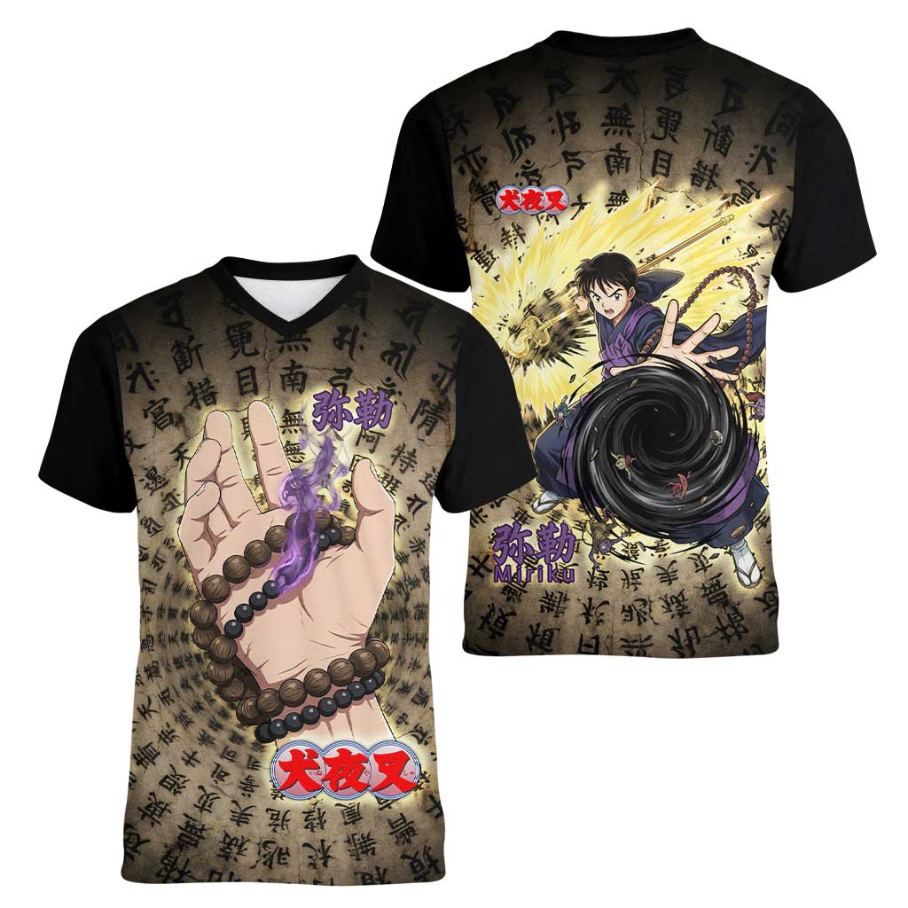 Miroku Inuyasha Series Women V-Neck T-Shirt Cursed Monk Aesthetic with Sutra Script Background