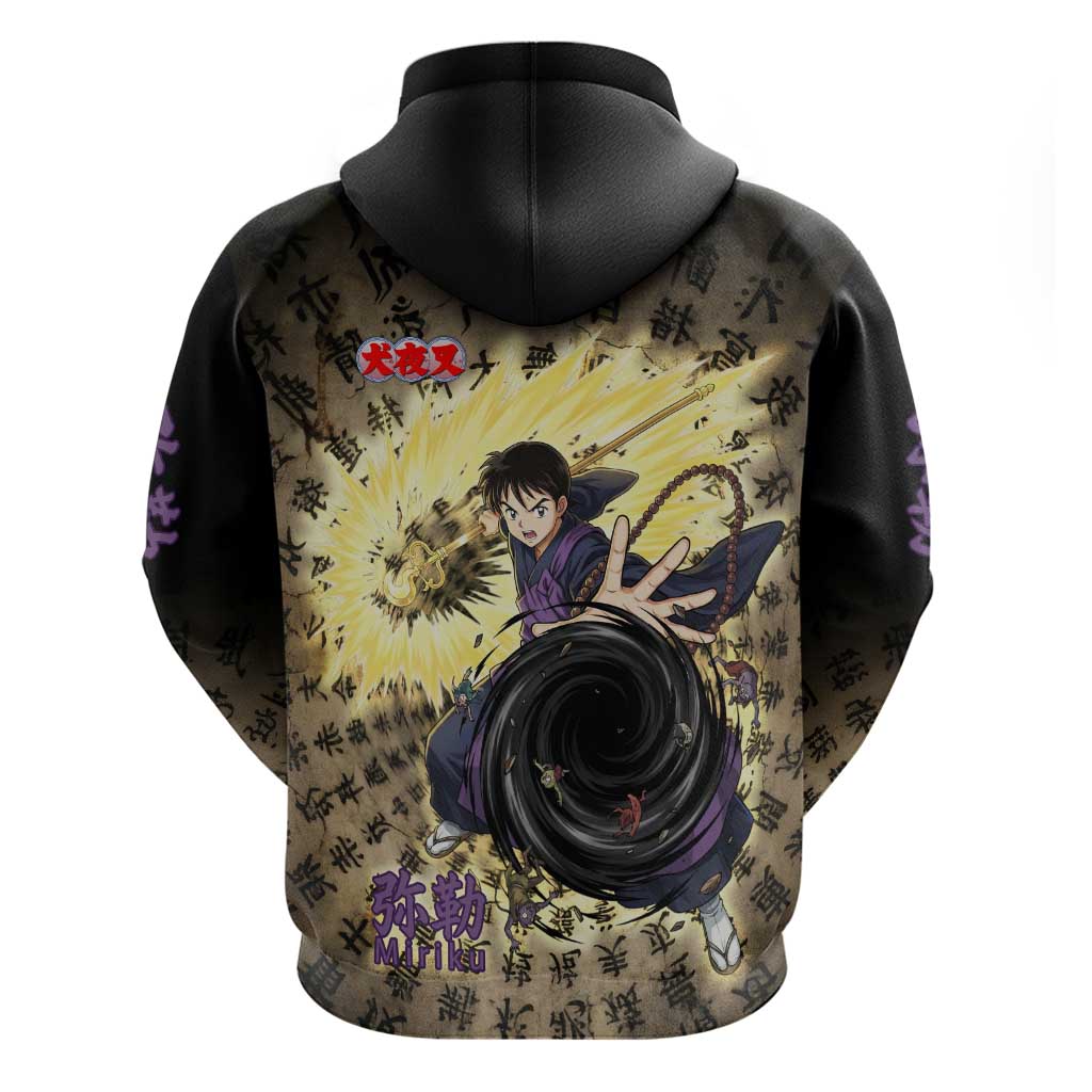 Miroku Inuyasha Series Zip Hoodie Cursed Monk Aesthetic with Sutra Script Background