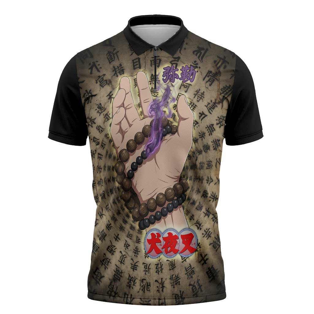 Miroku Inuyasha Series Zipper Polo Shirt Cursed Monk Aesthetic with Sutra Script Background