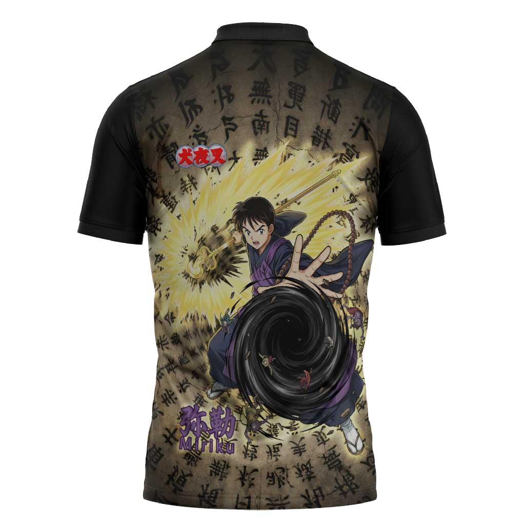 Miroku Inuyasha Series Zipper Polo Shirt Cursed Monk Aesthetic with Sutra Script Background