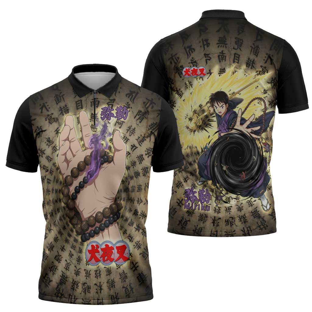 Miroku Inuyasha Series Zipper Polo Shirt Cursed Monk Aesthetic with Sutra Script Background