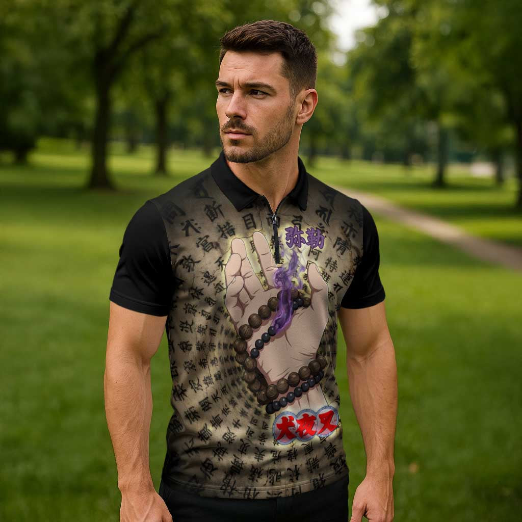 Miroku Inuyasha Series Zipper Polo Shirt Cursed Monk Aesthetic with Sutra Script Background