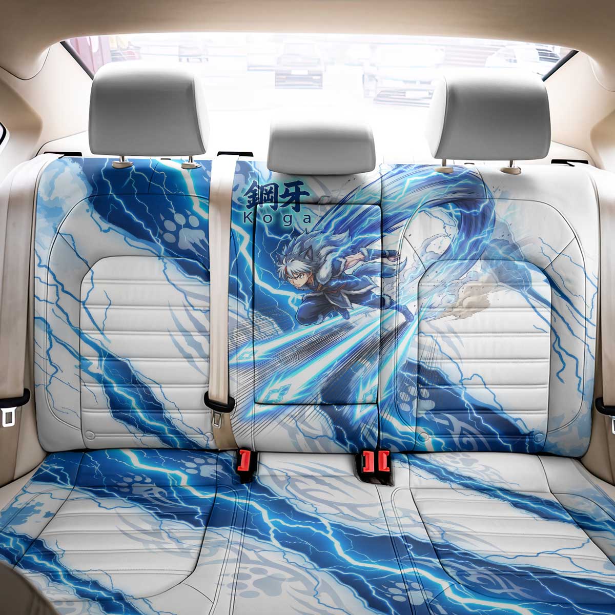 Koga Inuyasha Series Back Car Seat Cover Electric Storm Anime Style with Blue Wolf Spirit