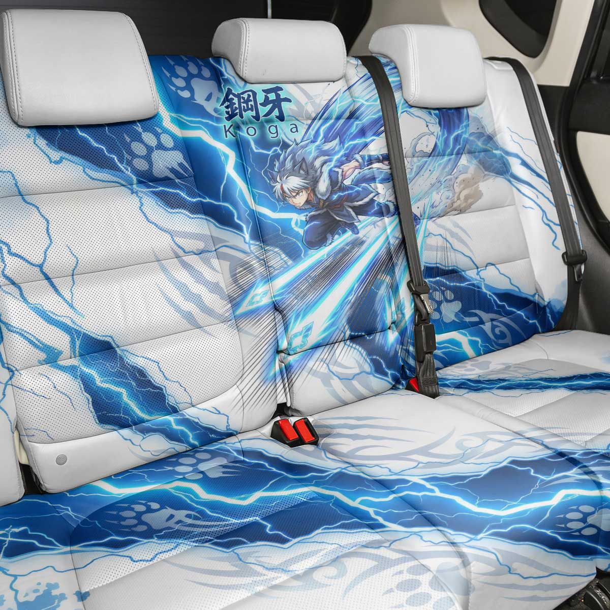 Koga Inuyasha Series Back Car Seat Cover Electric Storm Anime Style with Blue Wolf Spirit