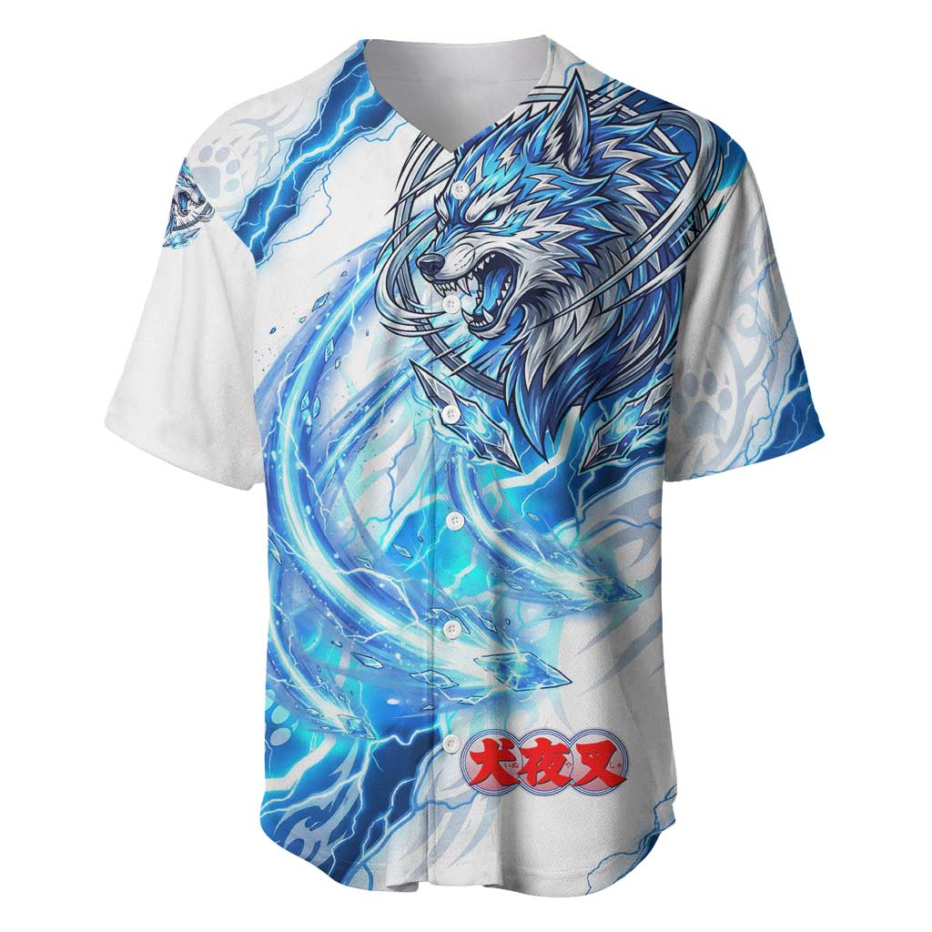 Koga Inuyasha Series Baseball Jersey Electric Storm Anime Style with Blue Wolf Spirit
