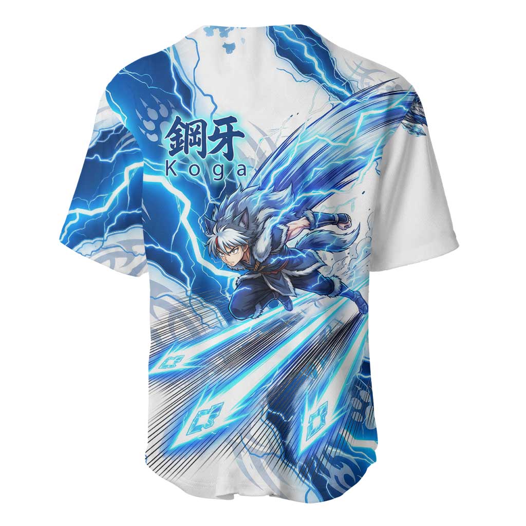 Koga Inuyasha Series Baseball Jersey Electric Storm Anime Style with Blue Wolf Spirit