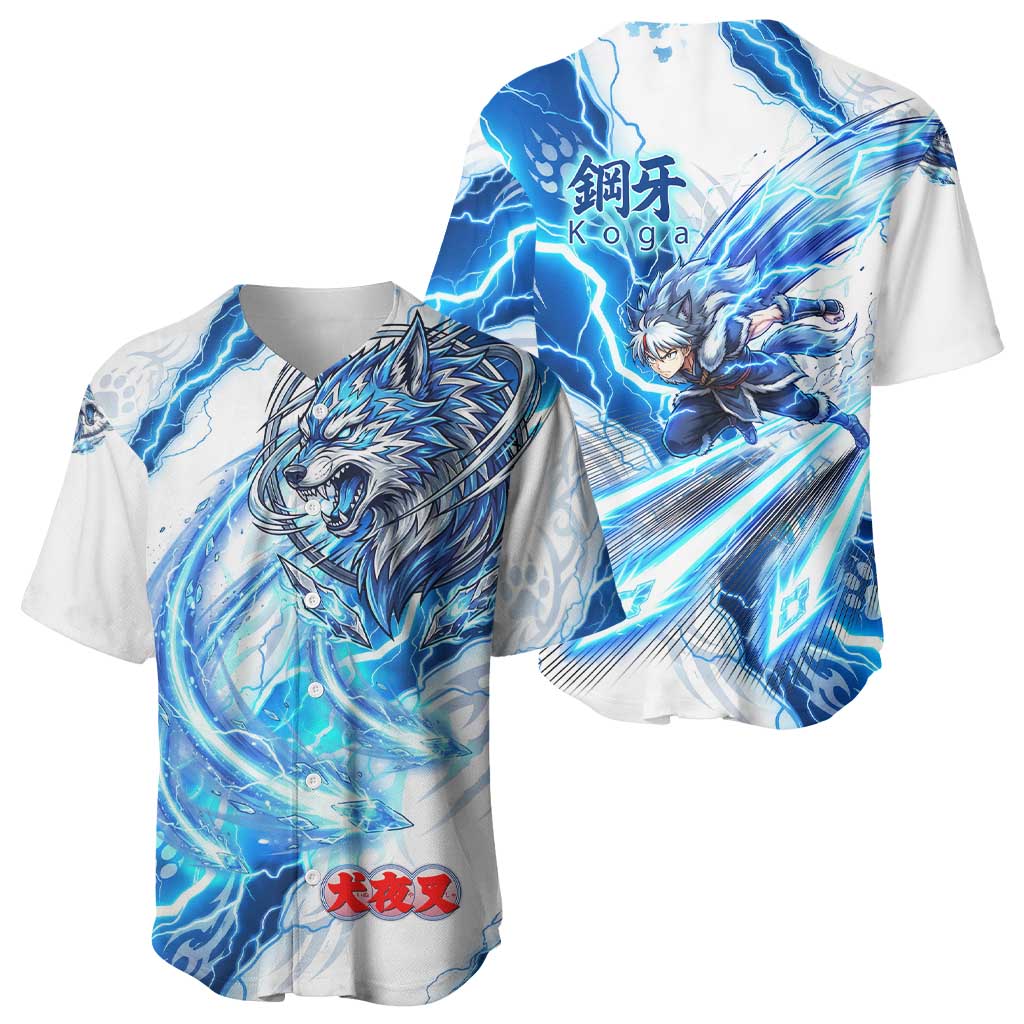 Koga Inuyasha Series Baseball Jersey Electric Storm Anime Style with Blue Wolf Spirit