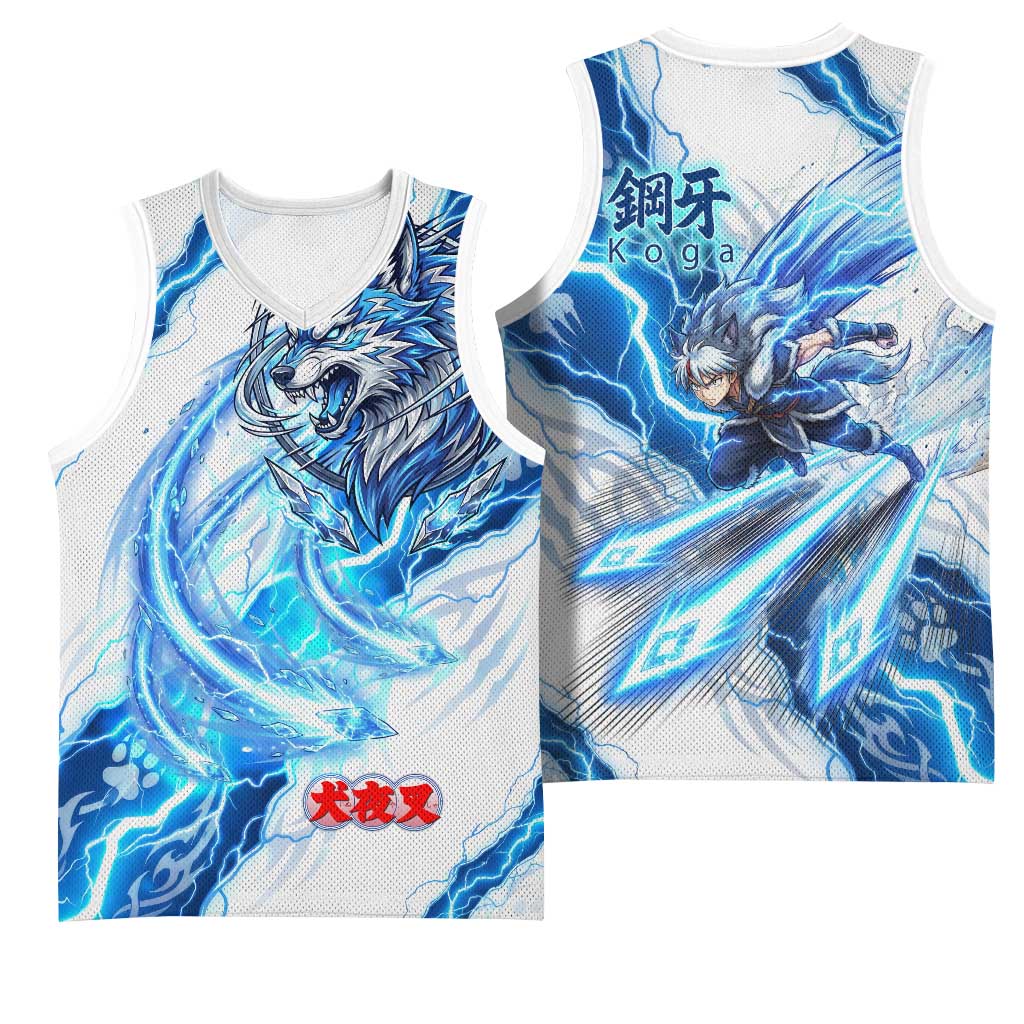 Koga Inuyasha Series Basketball Jersey Electric Storm Anime Style with Blue Wolf Spirit