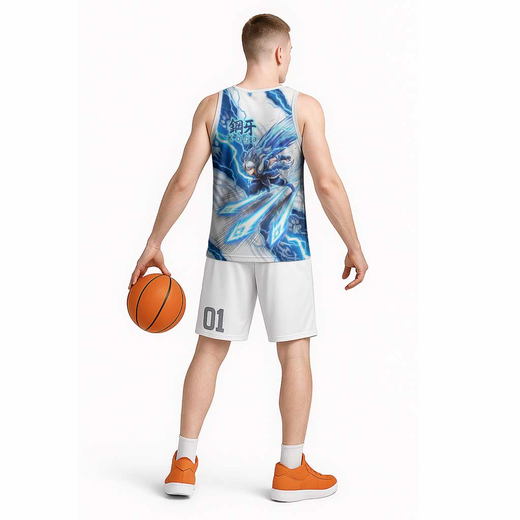 Koga Inuyasha Series Basketball Jersey Electric Storm Anime Style with Blue Wolf Spirit