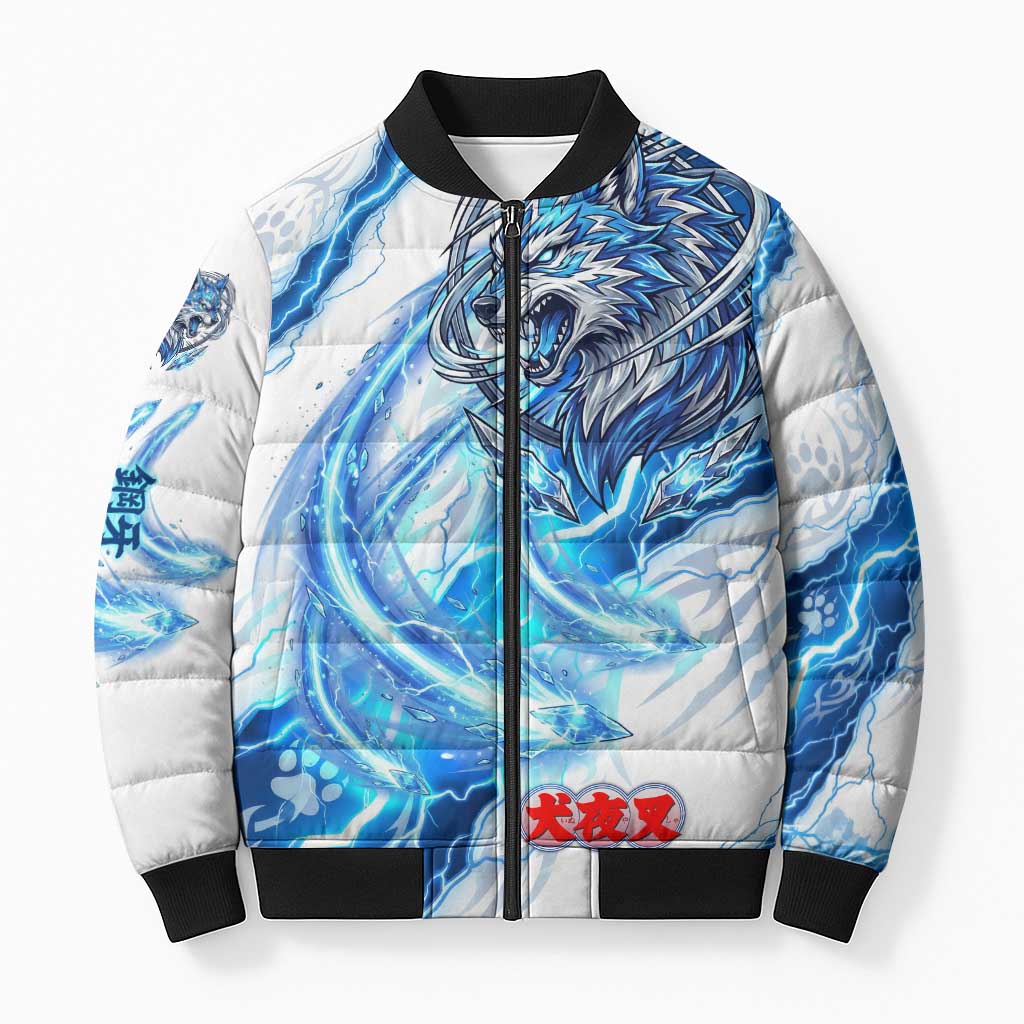 Koga Inuyasha Series Bomber Puffer Jacket Electric Storm Anime Style with Blue Wolf Spirit