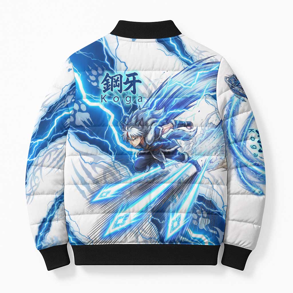 Koga Inuyasha Series Bomber Puffer Jacket Electric Storm Anime Style with Blue Wolf Spirit