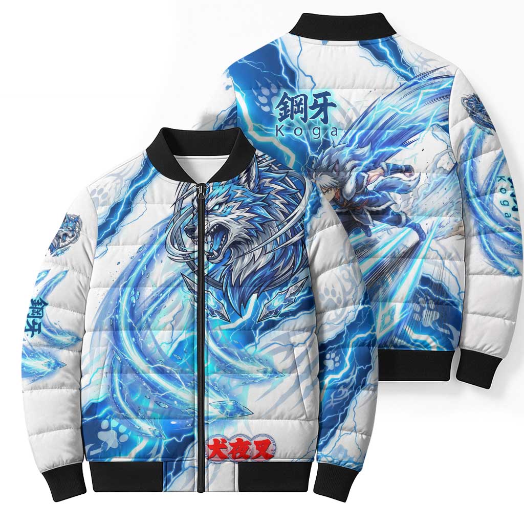 Koga Inuyasha Series Bomber Puffer Jacket Electric Storm Anime Style with Blue Wolf Spirit
