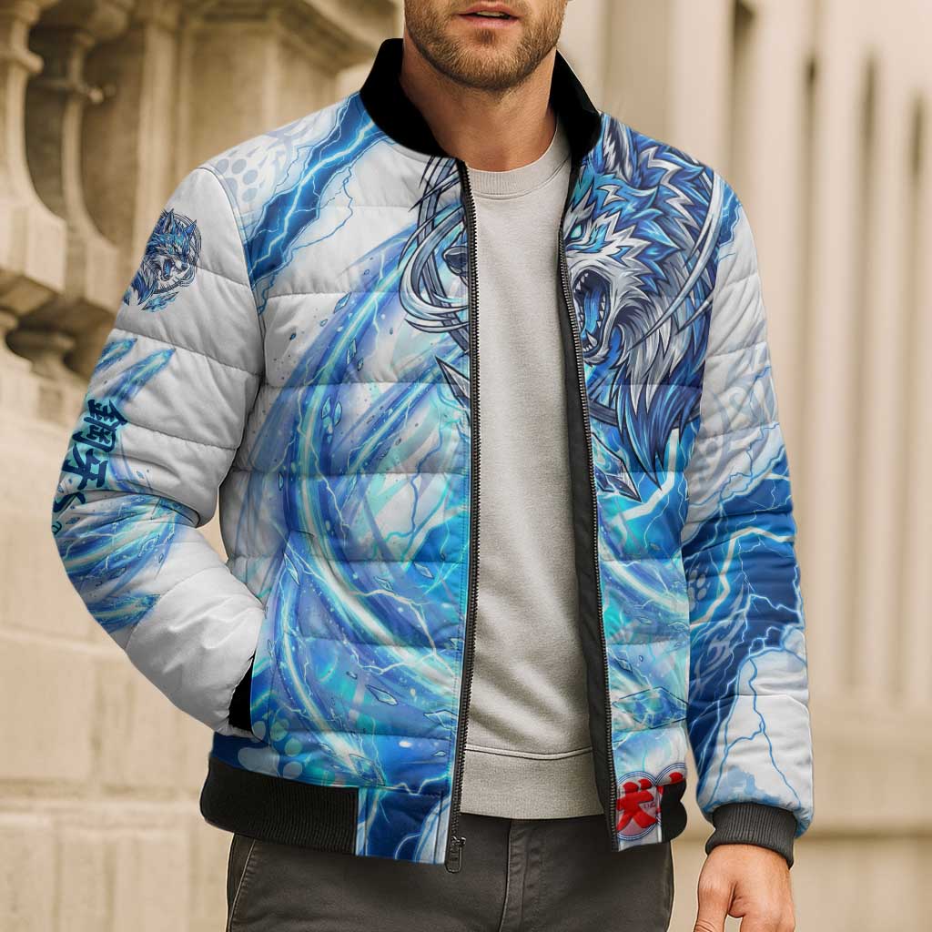 Koga Inuyasha Series Bomber Puffer Jacket Electric Storm Anime Style with Blue Wolf Spirit