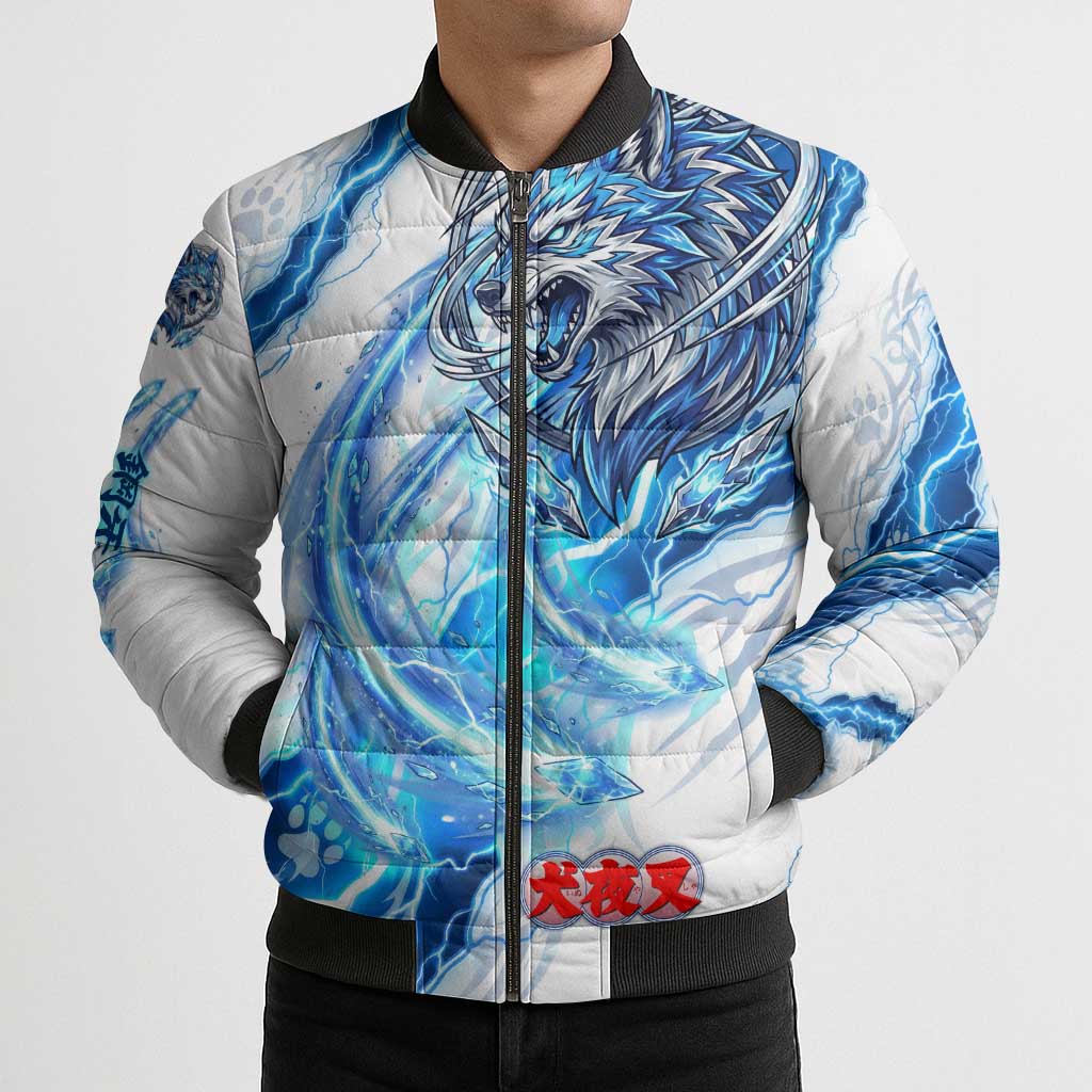 Koga Inuyasha Series Bomber Puffer Jacket Electric Storm Anime Style with Blue Wolf Spirit