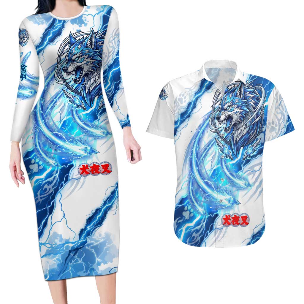 Koga Inuyasha Series Couples Matching Long Sleeve Bodycon Dress and Hawaiian Shirt Electric Storm Anime Style with Blue Wolf Spirit