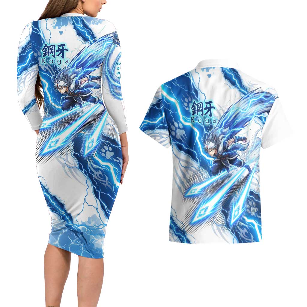Koga Inuyasha Series Couples Matching Long Sleeve Bodycon Dress and Hawaiian Shirt Electric Storm Anime Style with Blue Wolf Spirit