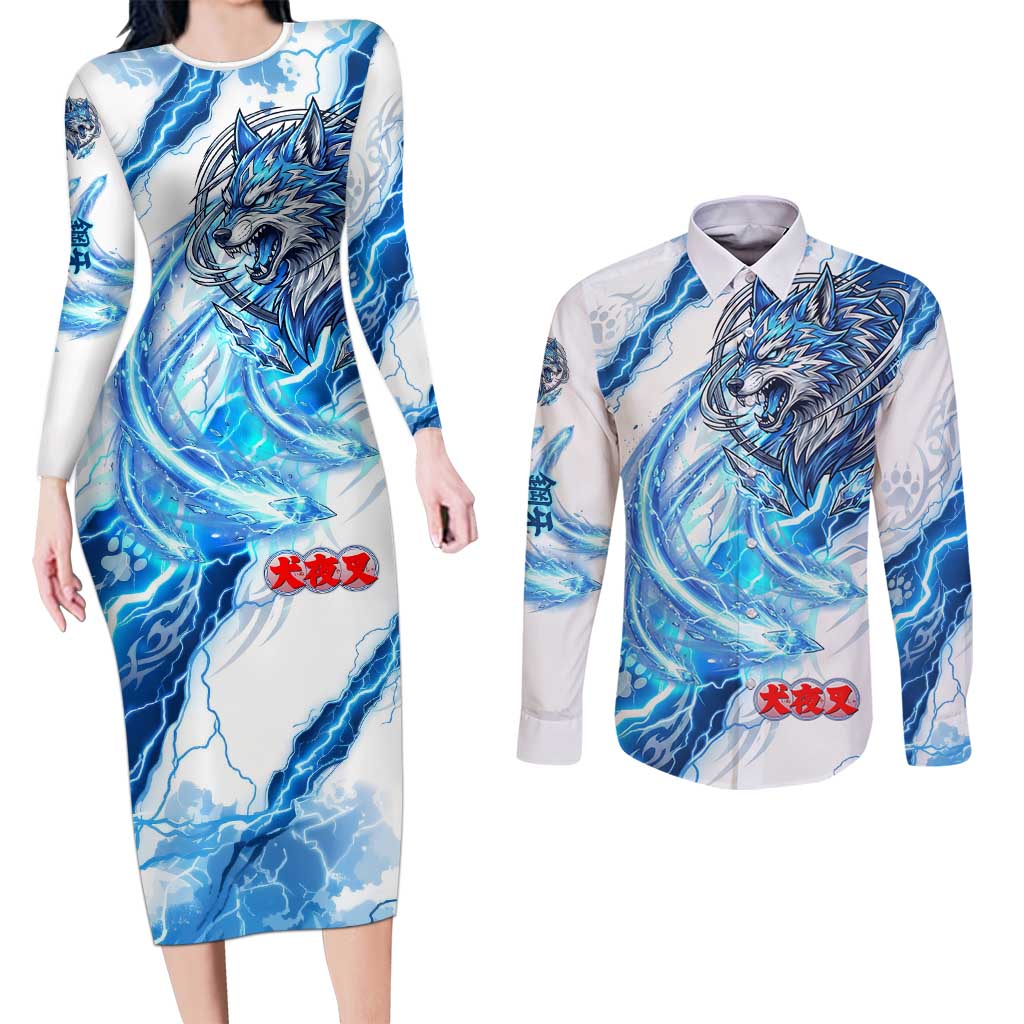 Koga Inuyasha Series Couples Matching Long Sleeve Bodycon Dress and Long Sleeve Button Shirt Electric Storm Anime Style with Blue Wolf Spirit