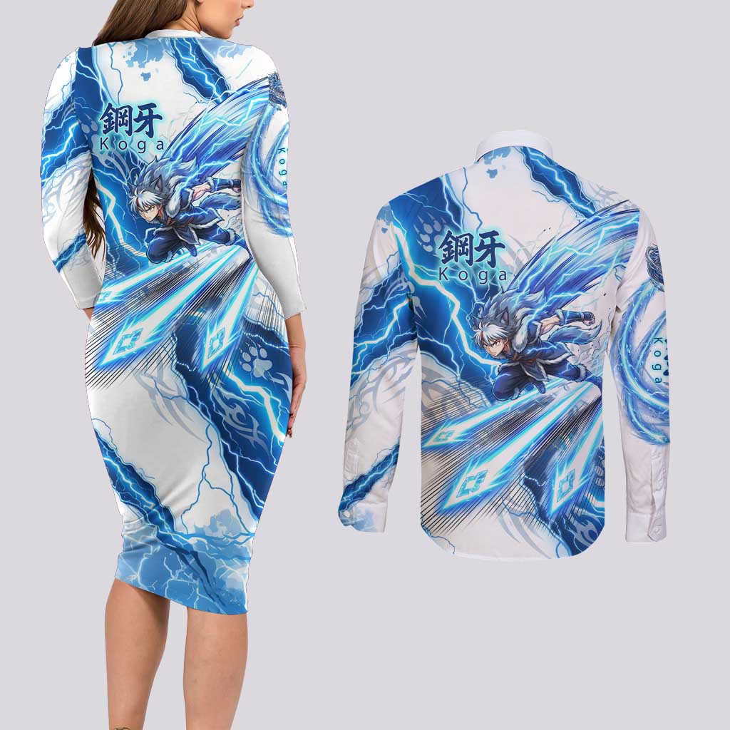 Koga Inuyasha Series Couples Matching Long Sleeve Bodycon Dress and Long Sleeve Button Shirt Electric Storm Anime Style with Blue Wolf Spirit