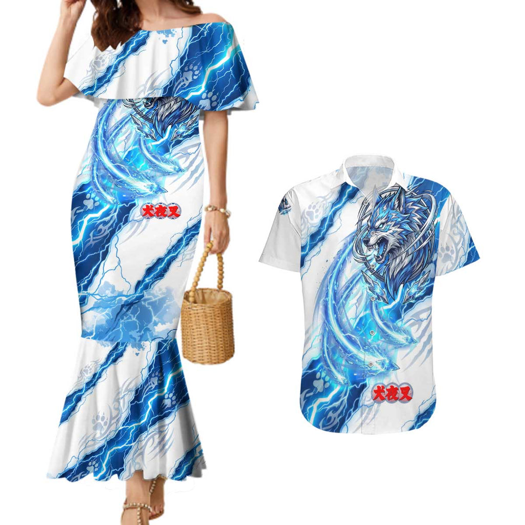 Koga Inuyasha Series Couples Matching Mermaid Dress and Hawaiian Shirt Electric Storm Anime Style with Blue Wolf Spirit