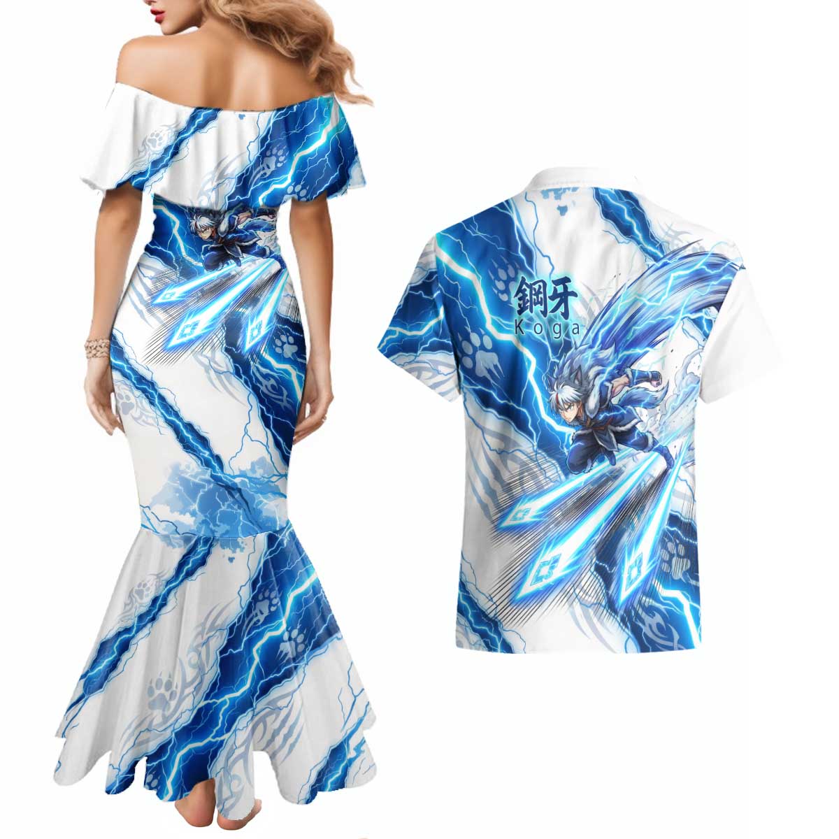 Koga Inuyasha Series Couples Matching Mermaid Dress and Hawaiian Shirt Electric Storm Anime Style with Blue Wolf Spirit