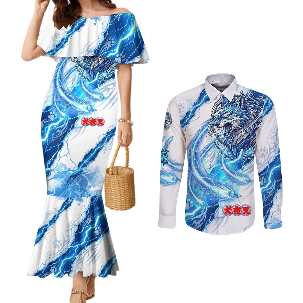 Koga Inuyasha Series Couples Matching Mermaid Dress and Long Sleeve Button Shirt Electric Storm Anime Style with Blue Wolf Spirit