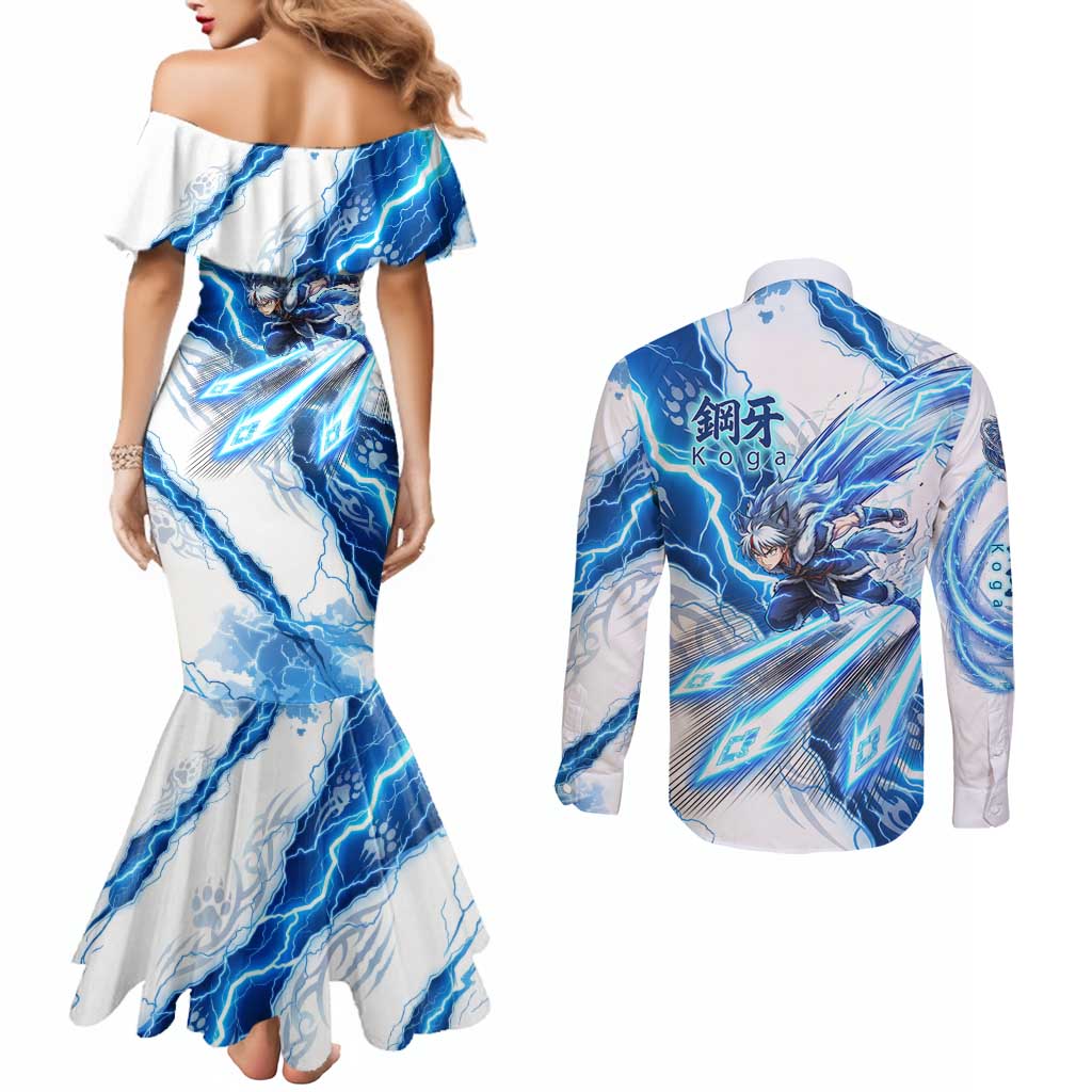 Koga Inuyasha Series Couples Matching Mermaid Dress and Long Sleeve Button Shirt Electric Storm Anime Style with Blue Wolf Spirit