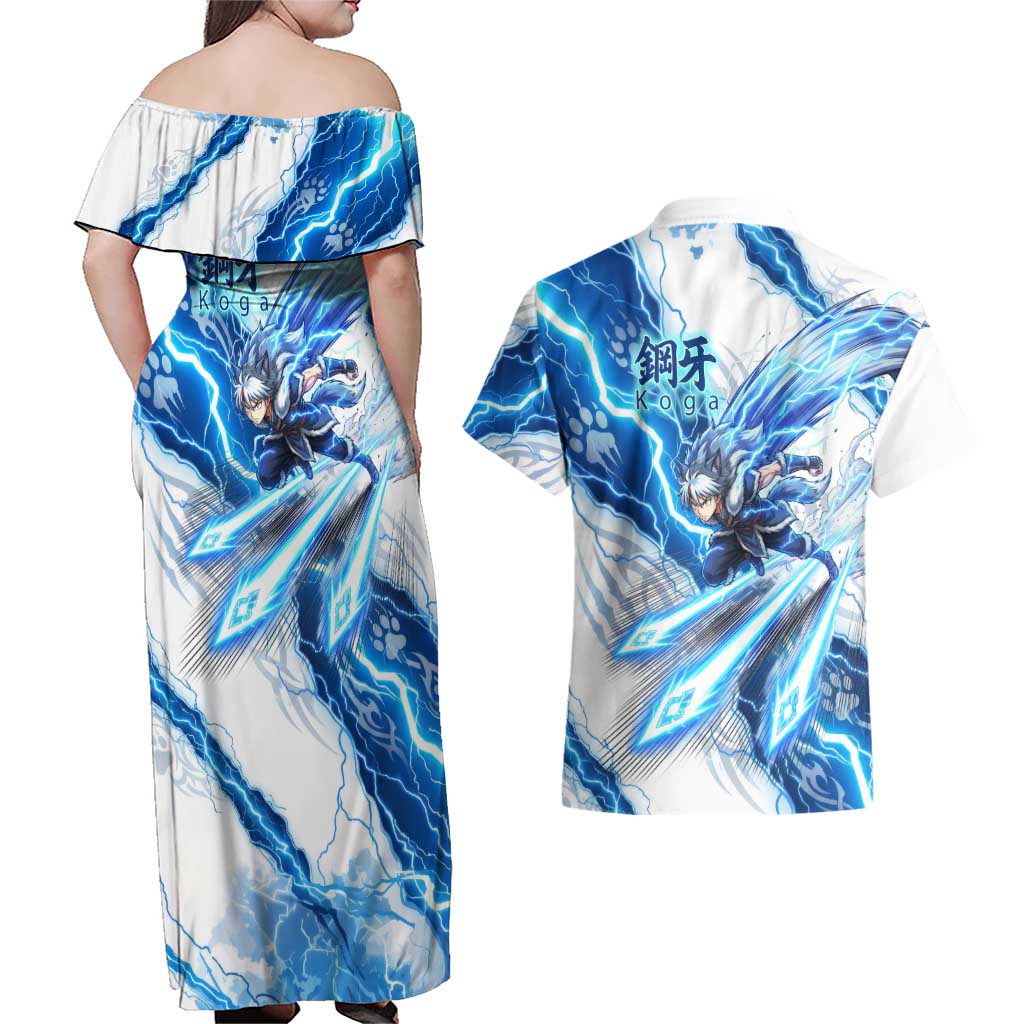 Koga Inuyasha Series Couples Matching Off Shoulder Maxi Dress and Hawaiian Shirt Electric Storm Anime Style with Blue Wolf Spirit