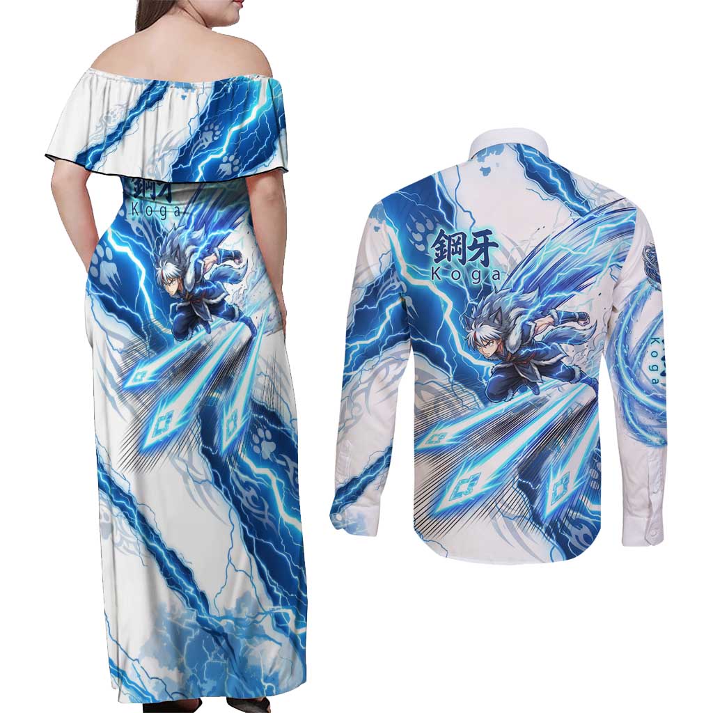 Koga Inuyasha Series Couples Matching Off Shoulder Maxi Dress and Long Sleeve Button Shirt Electric Storm Anime Style with Blue Wolf Spirit